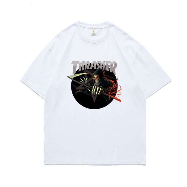 Thrasher T-Shirt Tasarımcı Tee Lüks Moda Erkek Tshirts Flame T-Shirt Modaya Deaty Ölüm Kafatası Gevşek Pamuk Çift Çift Hip Hop Kısa Kollu