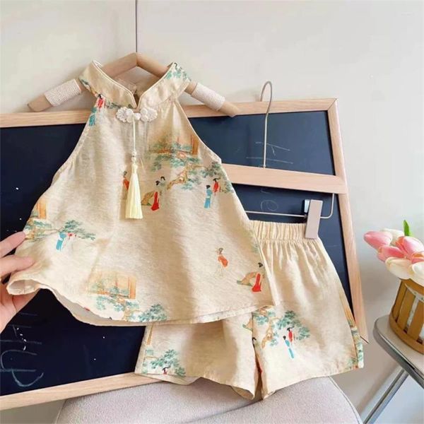 Kleidungsstücke Menoea Girls 'Set Sommer Chinesischer Stil gedruckter Standing Neck Quasten Tassel Top Shorts zweiteilige Mode Kinder' Kinder '