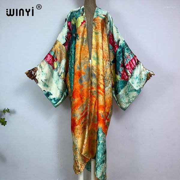 Kimono Abstract Stampa Boho Kaftans for Woman Cover-Up Cardigan Sexy Holiday Maxi Beach Wear Swimsuit Party Dress