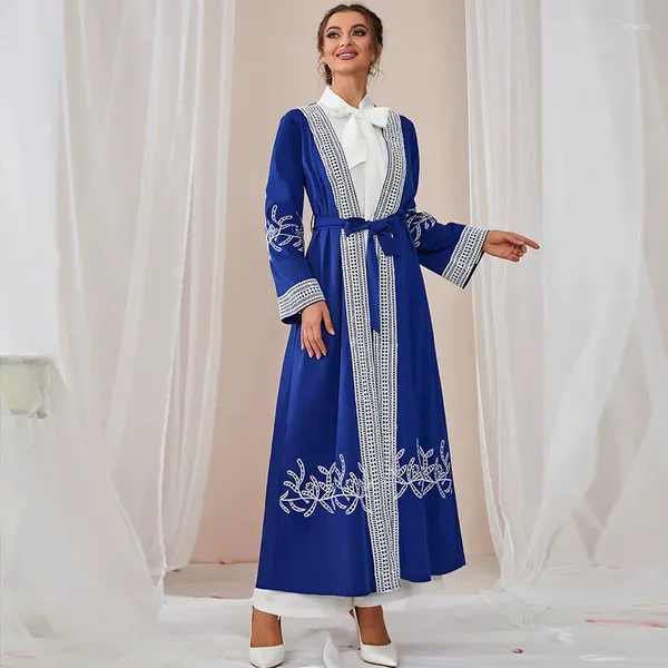 Vestidos casuais femininos muçulmanos abaya outono e cardigã de inverno com renda de retalhos bordados manto de mangas compridas para mulheres