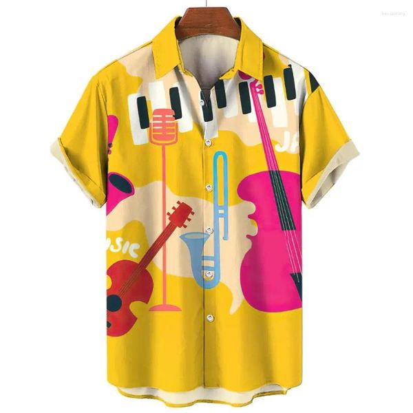 Herren lässige Shirts Hawaiian 3D Print Musical Instrument Grafik Modeknopf Kurzarm Streetwear für Männer Sommer