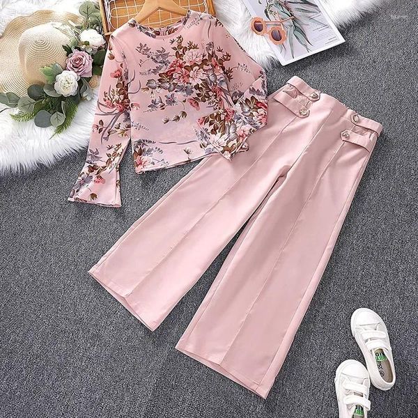 Conjuntos de roupas 2 PCs Roupfits casuais infantis para meninas 2024 Autumn Children Fashion Pink Floral Tops Long Pant 7-14Y