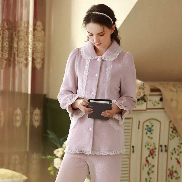 Frauenschlaf Lounge lange Hosen Hosen Lounge Home Kleidung süße Flanellpyjama Sets Schlafteile Mantelboden Frauen Herbst Winter Prinzessin Nachtwäsche