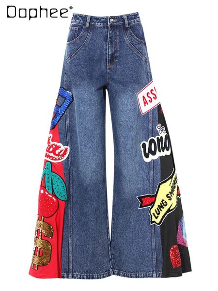 Street Style Graffiti Patch jeans perline per le donne con paillettes ramati di grandi dimensioni widolleg widleleg 240419