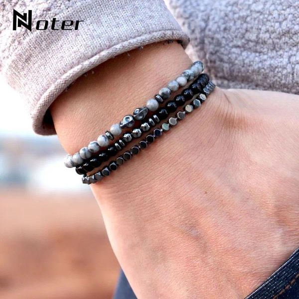 Strand Noter 3pcs/Set Mens Skull Bracelet 4 мм маленькие шарики Braslet Natural Obsidian гематит Камень Бразалет для аксессуаров Hombre Man