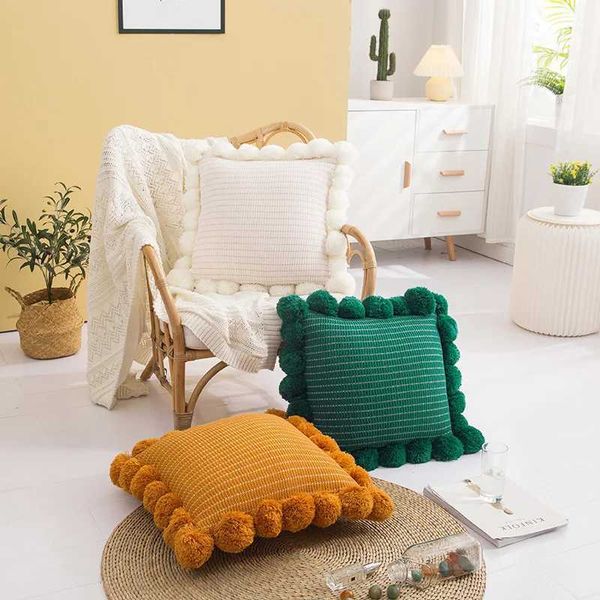 Almofada/almofada decorativa capa branca verde laranja azul malha sólida com grande sofá -cama pompon decoração de casa 45*45cmcase