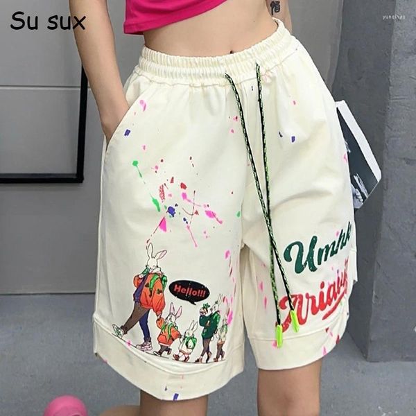 Kadın Şortları Graffiti Baskı Yarım Kısa Pantolon Kadın Giyim 2024 Yaz Y2K Koreli Gevşek Gevşek Pantolon Vestidos Sportwear Hip18cm