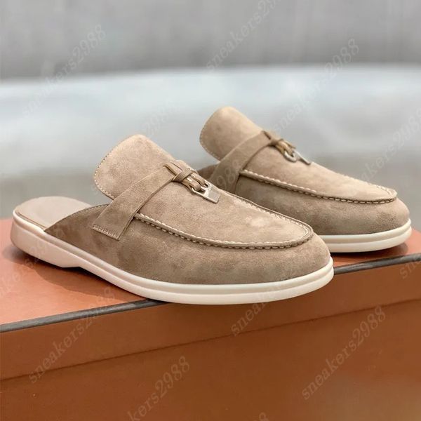 Loro pianos mocassins lp camurça mulheres chinelas de luxo de luxuosas de fivela de metal slowers masculino de verão anti deslize sapatos casuais de fundo liso