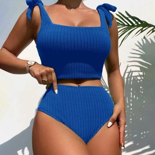 Swimwear femminile di colori solidi in maglia stretta con la vita alta senza schiena con costume da bagno a due pezzi da bagno 2024 Bikini Donne