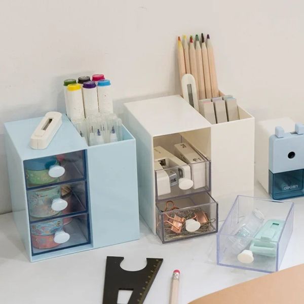 Porta della penna con organizzatore di due cassetti desktop Organizzatore di grandi dimensioni Accessori per la scrivania degli uffici scolastici