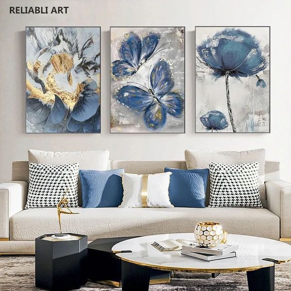 Decorazioni murali del soggiorno nordico, astratto blu arte fiore farfalla dipinto ad olio di pittura di tela poster, dipinti ad olio di tela artistica, cuadros, senza cornice