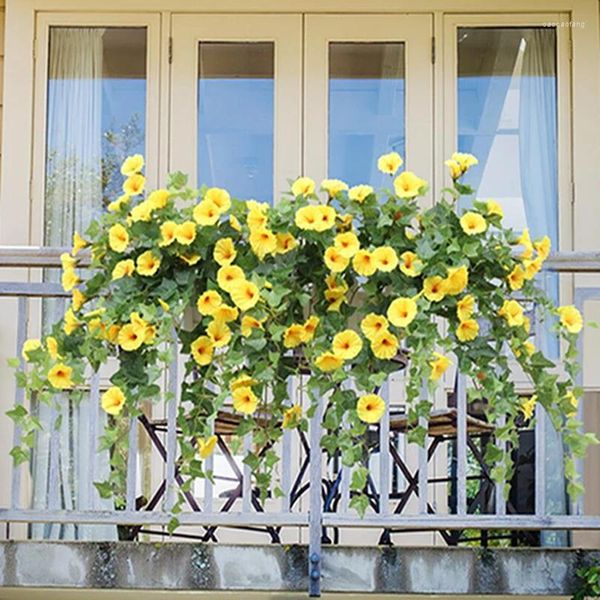 Dekorative Blumen 12 Gabel künstlicher Morgen Ruhm Trompete gefälschte Pflanze Rattan Plastik Blumenwand Hanging Orchidee Haus Balkon Garten Outdoor