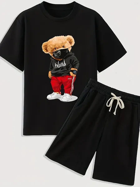Giyim setleri 2 adet erkek çocuk gündelik serin ayı desen baskılı kısa kollu t-shirt şort, rahat yaz takım elbise fiber nefes alabilir