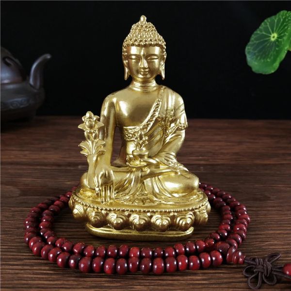 Sculture Goldn Medicine Buddha Statue con collana Ornamento Resina Feng Shui Lucky Buddha Scultura di casa Decorazione del giardino Regali