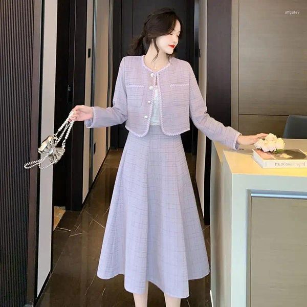Arbeitskleider hochwertiges lila Tweed Zwei Stücke Set Frauen Herbsttemperament Promi -Jacke Mantel Rock Büro Anzüge