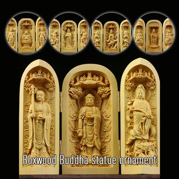 Скульптуры Тибет Буддизм Боксвуд Кваньин Шакьямуни Гуаньин 3 Боже Будда статуя коробка складываю