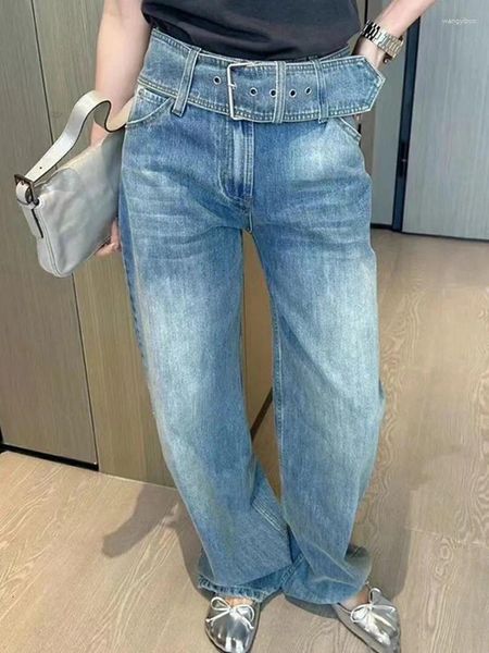 Jeans femminile da donna con cerniera azzurra con cerniera alta lettere tasca stampe estate 2024 pantaloni dritti casual con ante