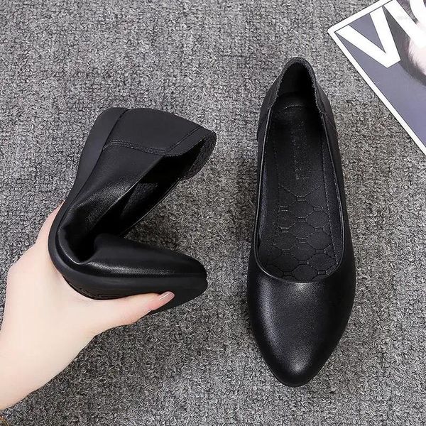 Sıradan Ayakkabı Bayanlar Ayakkabı Daireleri Siyah Düz Ofis Kadınlar Normal Deri Kama Topuk Saçımlı Ayak Parçası L ŞEKİL NOKTASI Y2K A 39