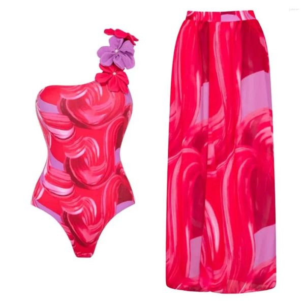 Mutade feminina 2024 ONE ombro 3D Flower Piece Swimsuit e saia Verão Mulheres de roupas de banho de roupas de banho de maia de praia