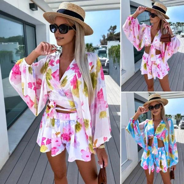 Traccettaci da donna 2 pezzi da donna stampa floreale a due pezzi Shorts a due pezzi in chiffon cardigan set colorato abbigliamento da spiaggia sciolto per le donne