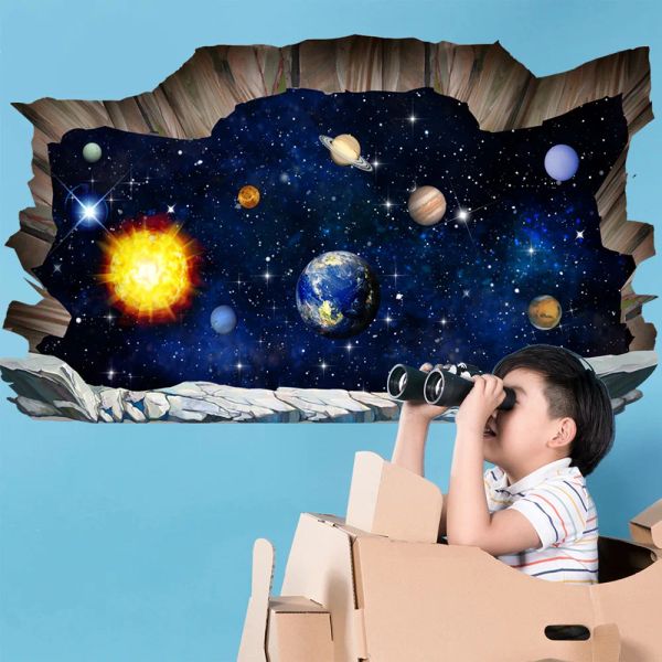 Adesivos 3D Planetas espaciais externos adesivos de parede adesivos cósmicos decalques de crianças quarto quarto bebê quarto teto piso espaço galáxia planetas adesivo de parede