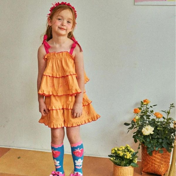 Roupas Define as garotas dos filhos da mãe filhos Tops Cotton Cartoon Summer de Cut Orange Cherry Bordery Halter Culotte Conjunto