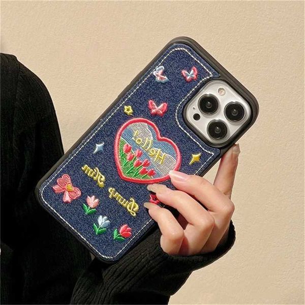 Case di telefonia cellulare INS coreana Custodia per telefono ricamato a fiore carino coreano per telefono 15 14 13 12 11 Pro Max Love Heart Stars Y2K Copertura morbida ammortizza