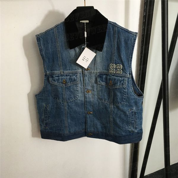 Letra bordada de casacos de colete jeans para mulheres sem mangas Jackets