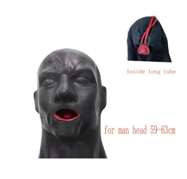 Maschera in gomma con cappuccio in lattice 3D Occhi chiusi feticcio con tubo naso per lingua gag della bocca rossa lungo e abbreviato per gli uomini 2207152598982