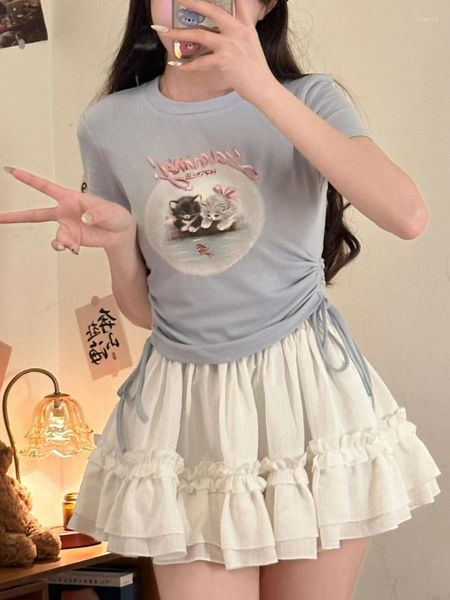 Vestidos de trabalho Estilo Preppy Kawaii Japanese de 2 peças Conjunto feminino Impressão de verão Terno doce T-shirt fofo Saia de cintura alta 2024