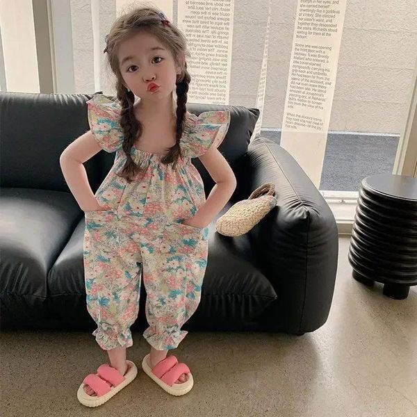 Giyim setleri Kore yaz tulum sevimli çocuklar kız prenses pamuk pantolon pembe mavi yürümeye