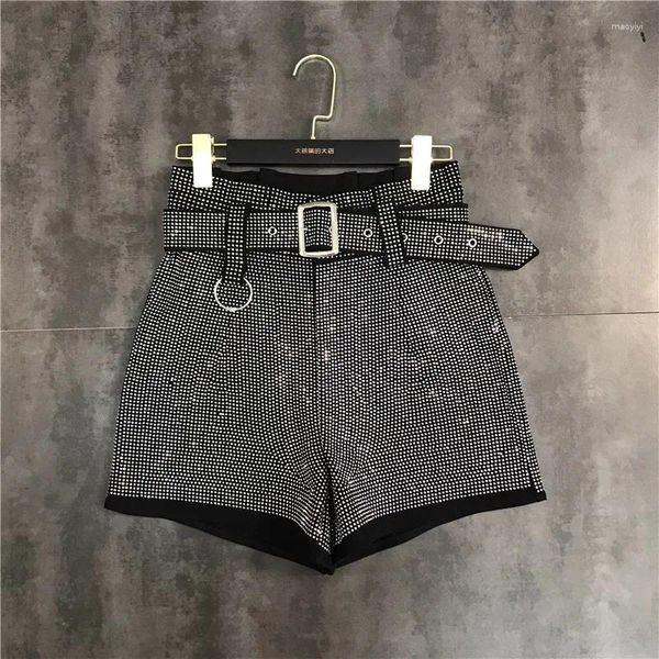 Frauen Shorts European Design Hohe Taille mit Gürtelflügel Strass -Shinny Bling Patchwork Hosen SMLXL