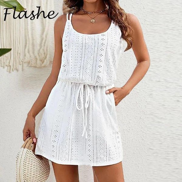 Vestidos casuais de verão mini vestido mulheres uma linha de tração de tração feriado de praia para branco curto