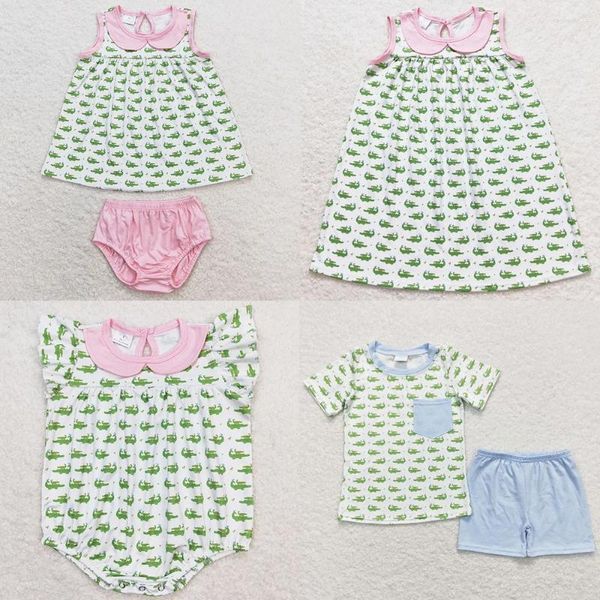 Kleidungssets Kinder Geschwister Baby Girls Krokodil ärmellose Top rosa Bummies Sommerkleidung Jungen Boutique Outfits
