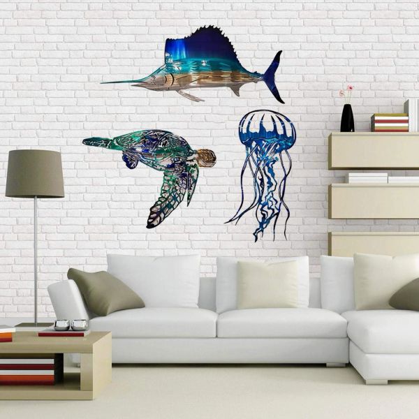 Skulpturen Metall Wanddekoration Accessoires Jellyfish Segelfisch Schildkröte Handwerk Wandhänge Kunst Innenstrand Fisch Meer für Schlafzimmer Wohnkultur