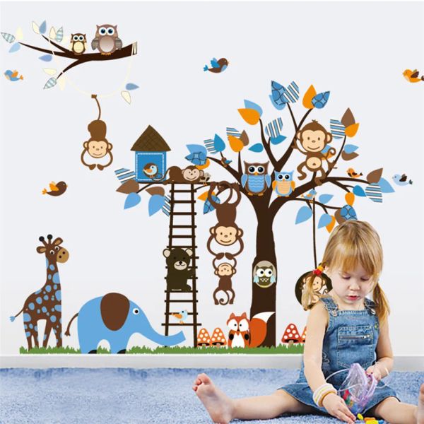 Adesivi da cartone animato Monkey Monkey Squirrel Adesivo per pareti Adesivo per bambini DECORAZIONE MURALE AUTOSIVO AELEPIVO DECALE DECALE DECALI