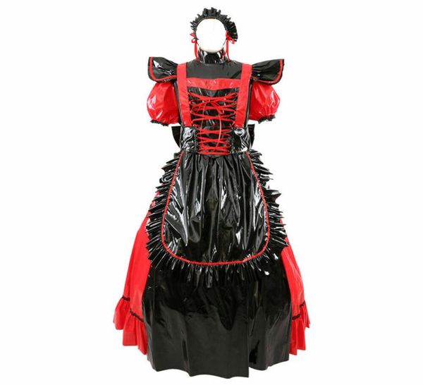 Sissy Maid PVC rotes Kleid Zwei Wege Cosplay Lange oder kurze Ärmel Gothic Costume2303825