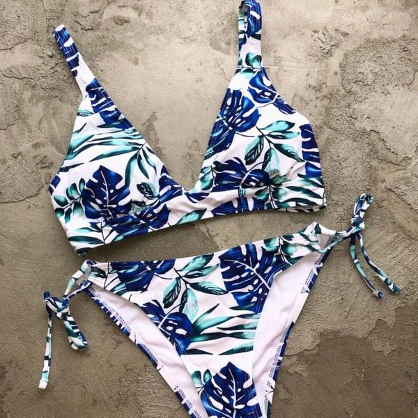 Женские купальные костюмы Bandea Leaf Print Bikini Set Bralette Bralette Bralette Back Back Braps Top Женщины Сексуальные купальные купания костюмы пляж и одежда Mujer