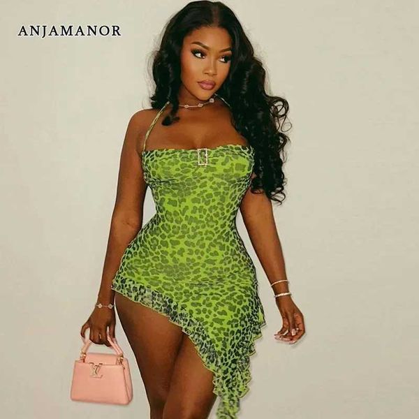 Vestidos sexy urbanos Anjamanor Grn Leopard Vestidos apertados roupas de clube sexy e sexy para mulheres 2023 Irregular Ruffle sem costas Mini Dress D17-CC18 T240507