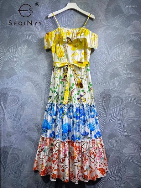 Abiti per feste Seqinyy Cotton Dress Sicilia Summer Spring Fashion Design Women Runway Cintura di canni da stampa vintage senza spalline