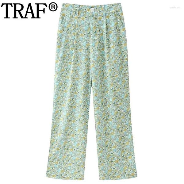 Frauenhose 2024 Print Blumen für Frauen hohe Taille Baggy Frau Vintage Summer Straight Bein Hosen plissig Retro