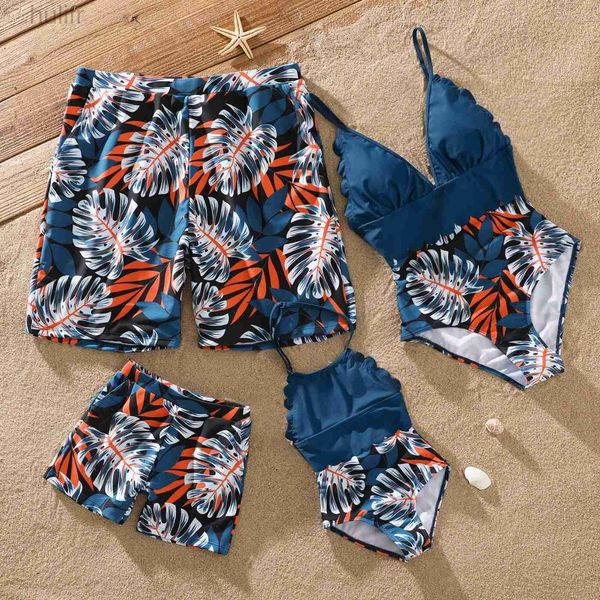 Familie passende Outfits Familie passt zu Badeanzug Solid Spleißpalmblatt-Print Spaghetti-Riemen einteiliger Badeanzug und Schwimmstämme Shorts D240507