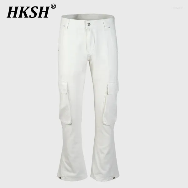 Herren Jeans Hksh Streetwear Spring Summer Urban Micro Flared Wide Leg Denim Hosen mehrere Taschen Frauen weiße Mode HK0473