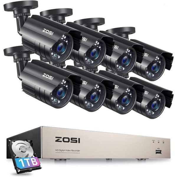 3K Lite 8Ch -Überwachungskamerasystem mit KI -Erkennung von Menschen/Fahrzeugen, Nachtsicht, H.265, 5 MP, 8 -Kanal -CCTV -DVR mit 1 TB Festplatte, 8pcs 1920TVL 1080p Outdoor/Innenräume