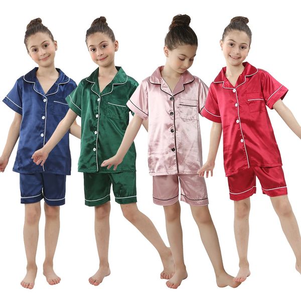 2 4 6 8 10 12 14 yıl çocuk pijamaları saten ipek yaz yürümeye başlayan çocuk kızlar gençler için pembe çocuklar için pijamalar kısa kollu pijama seti 240506