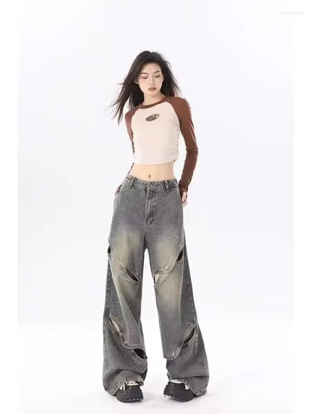 Женские джинсы ретро -скелетонизированный дизайн широкий женский американский брюки на главной улице 2024 Осенняя зима Y2K Женщина