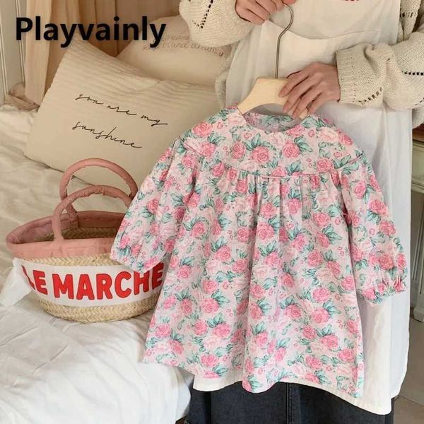 Mädchenkleider koreanischer Stil neuer Frühlingsmädchen süße Prinzessin Kleid rosa Rosenabdruck O-Neck Long Sleeve A-Line Fashion Kids Kleidung H240507