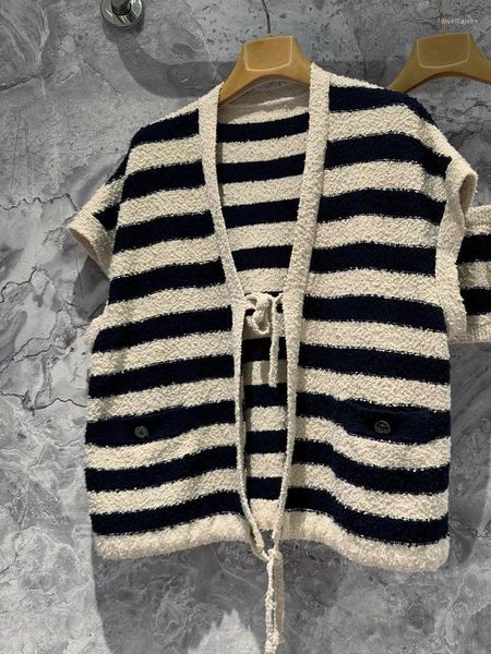 Maglieria da donna a strisce senza maniche cardigan per donne in cotone di alta qualità in pizzo sciolto disegni ricami cardigans a maglia