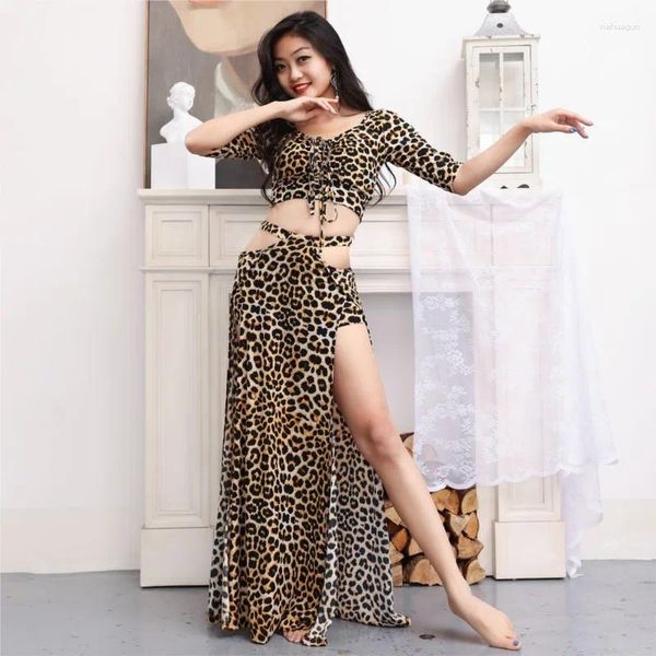 Bühnenbekleidung sexy Leopardenmuster Bauch Tanzpraxis Kleidung Frauen Orientalische Tanzoutfits Professionelles Kostüm Set