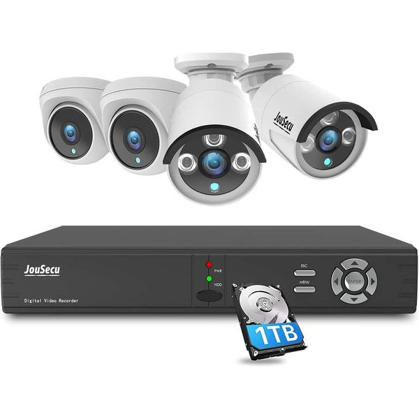 Jousecu 8ch Sistema de câmeras de segurança doméstica Sistema de segurança externa 2MP HD 5in1 REVISOR DVR DVR 4 WIRED 1080P CCTV DOME CAMERAS DOME ALERTA DE VISION NOITE VISÃO